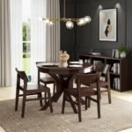 Solid Wood Round Dining Table 4 Seater Set for Dining Room in Dark Walnut Finish