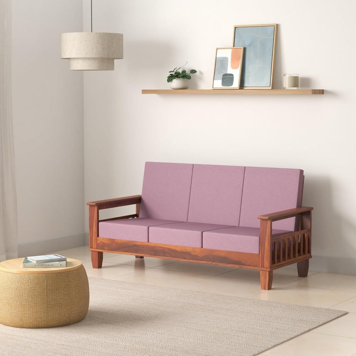 Solid Sheesham Wood 3 Seater Sofa Set For Living Room in Natural Finish ...